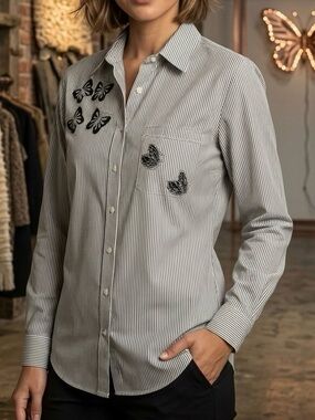 Vintage MiLi Designs Butterfly Striped Embellished Button Down Blouse Size XL